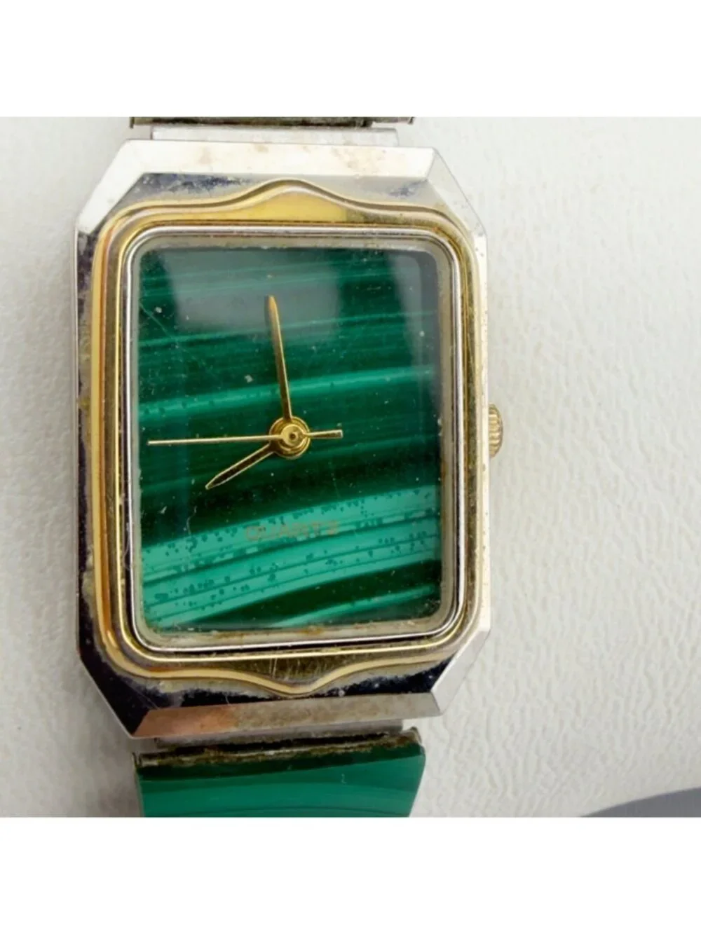 Vintage Malachite Green Stone Stretch Bracelet Watch Rectangle New Battery Works